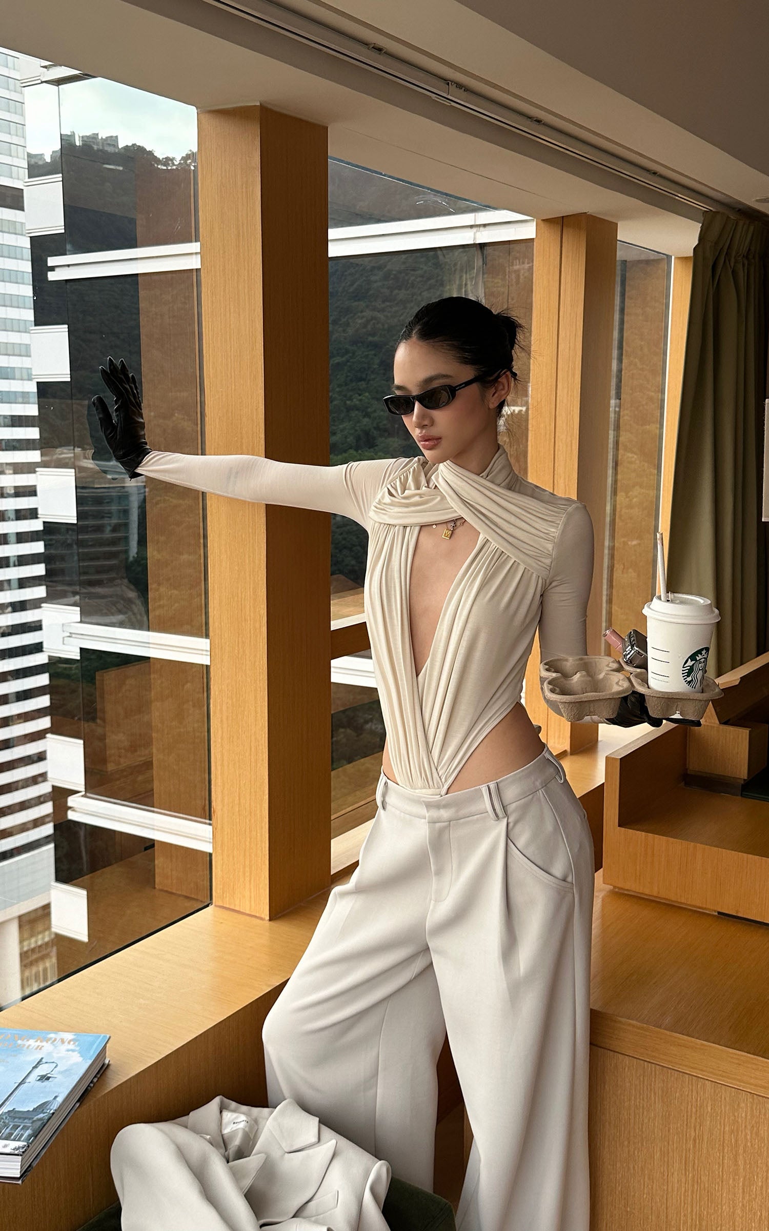 ROVENTE Draped Cross-Neck Deep V Bodysuit