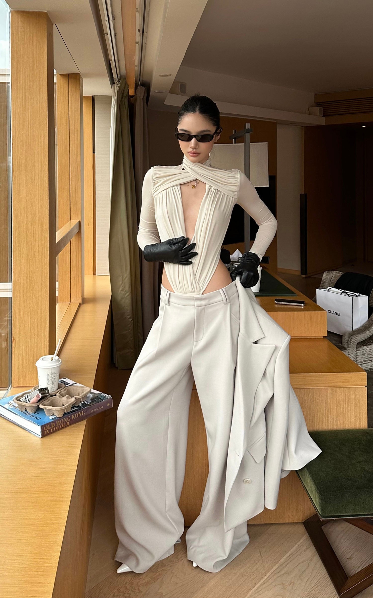 ROVENTE Draped Cross-Neck Deep V Bodysuit