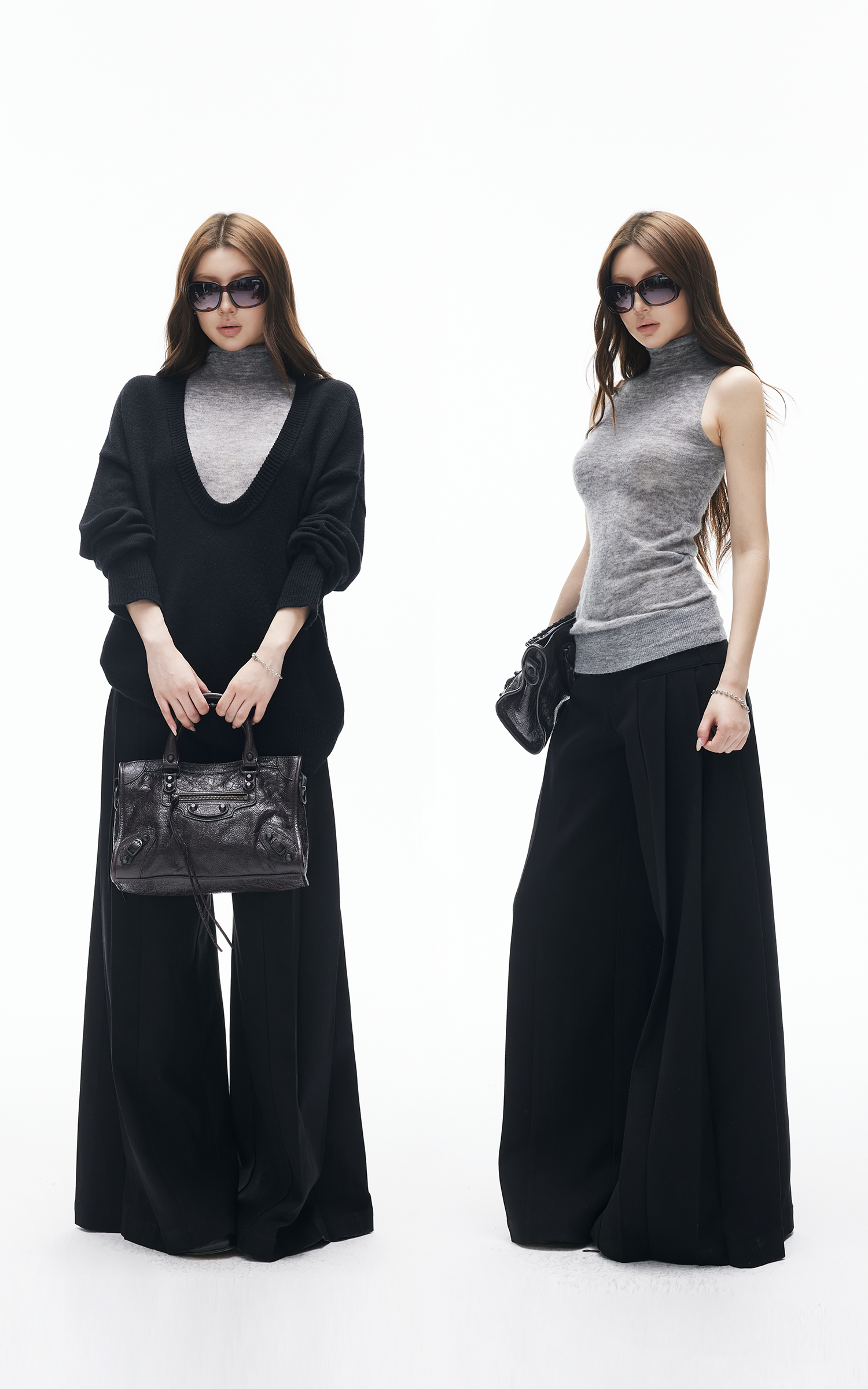 IAMXIAA 브이넥 니트 스웨터 &amp; 하이넥 베스트 레이어드 세트