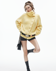 IAMXIAA Asymmetric Button High-Neck Fuzzy Knit Sweater