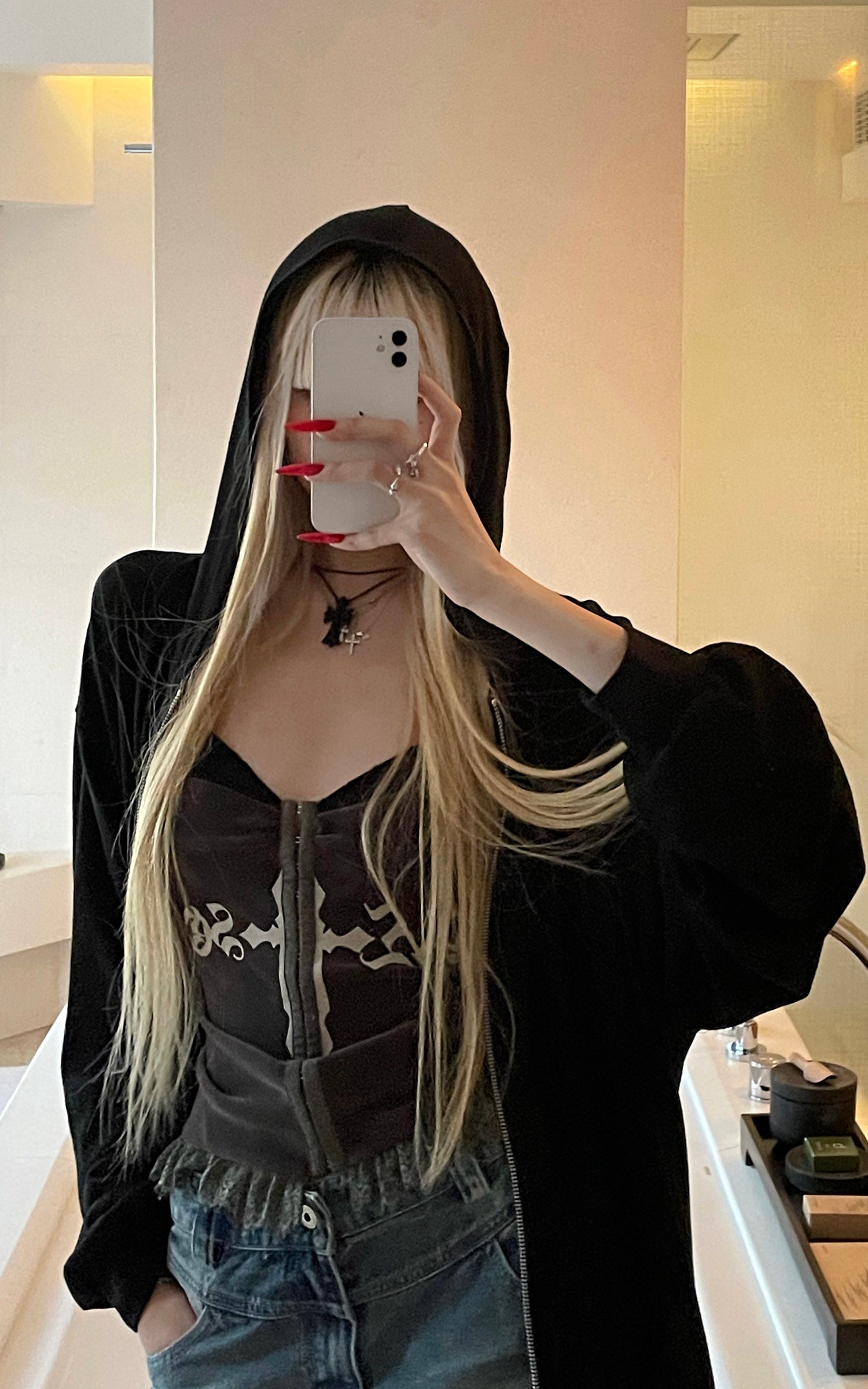 Rase le sol Gothic Cross Panel Camisole Fitted Lace Trim Structured Layering Top