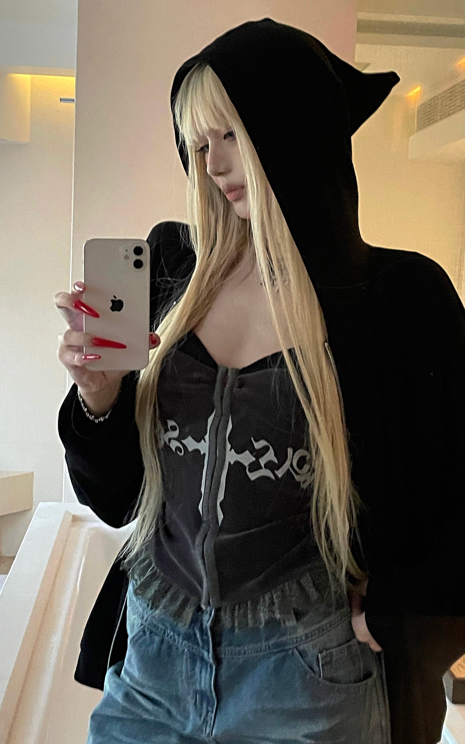 Rase le sol Gothic Cross Panel Camisole Fitted Lace Trim Structured Layering Top