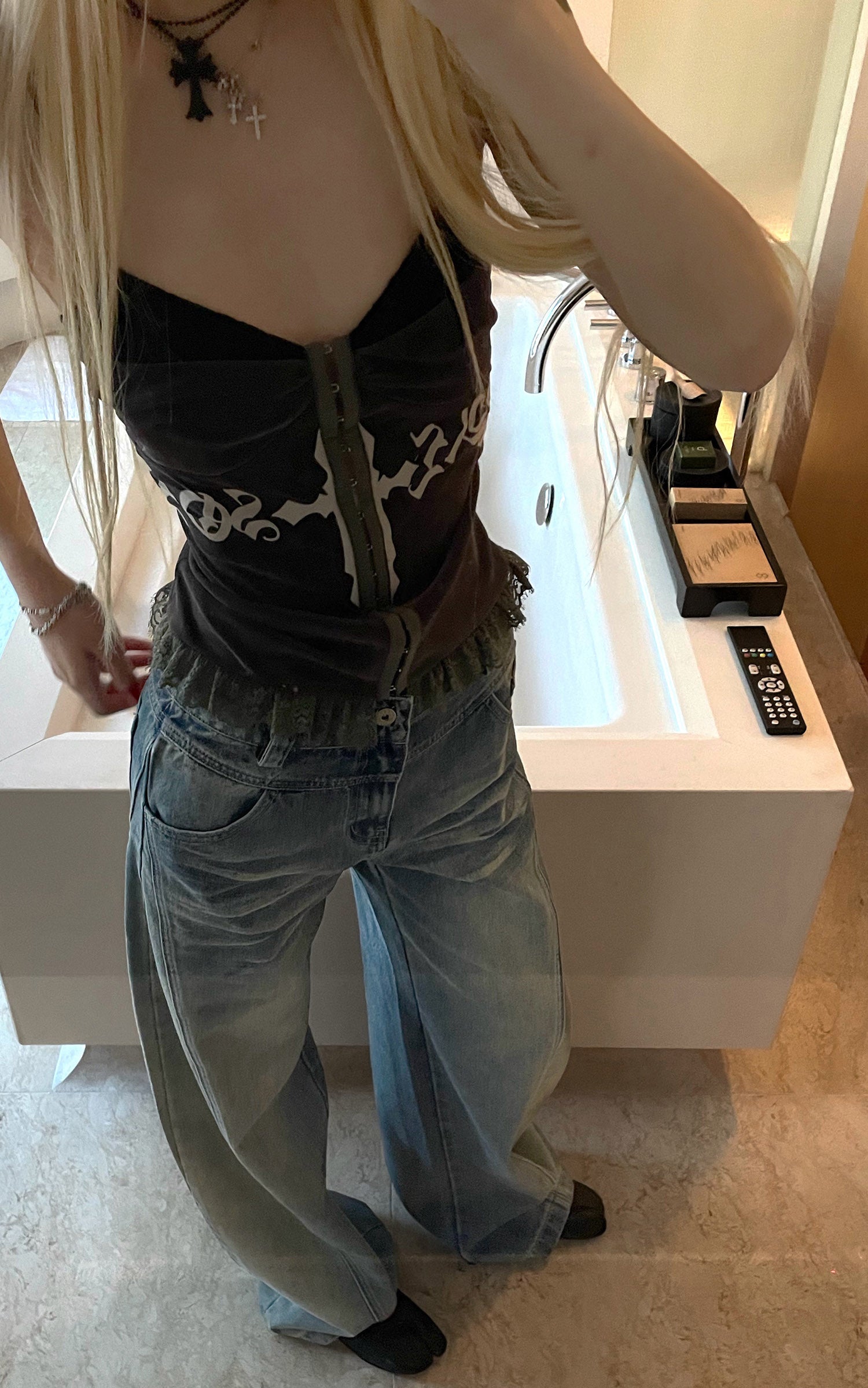 Rase le sol Gothic Cross Panel Camisole Fitted Lace Trim Structured Layering Top