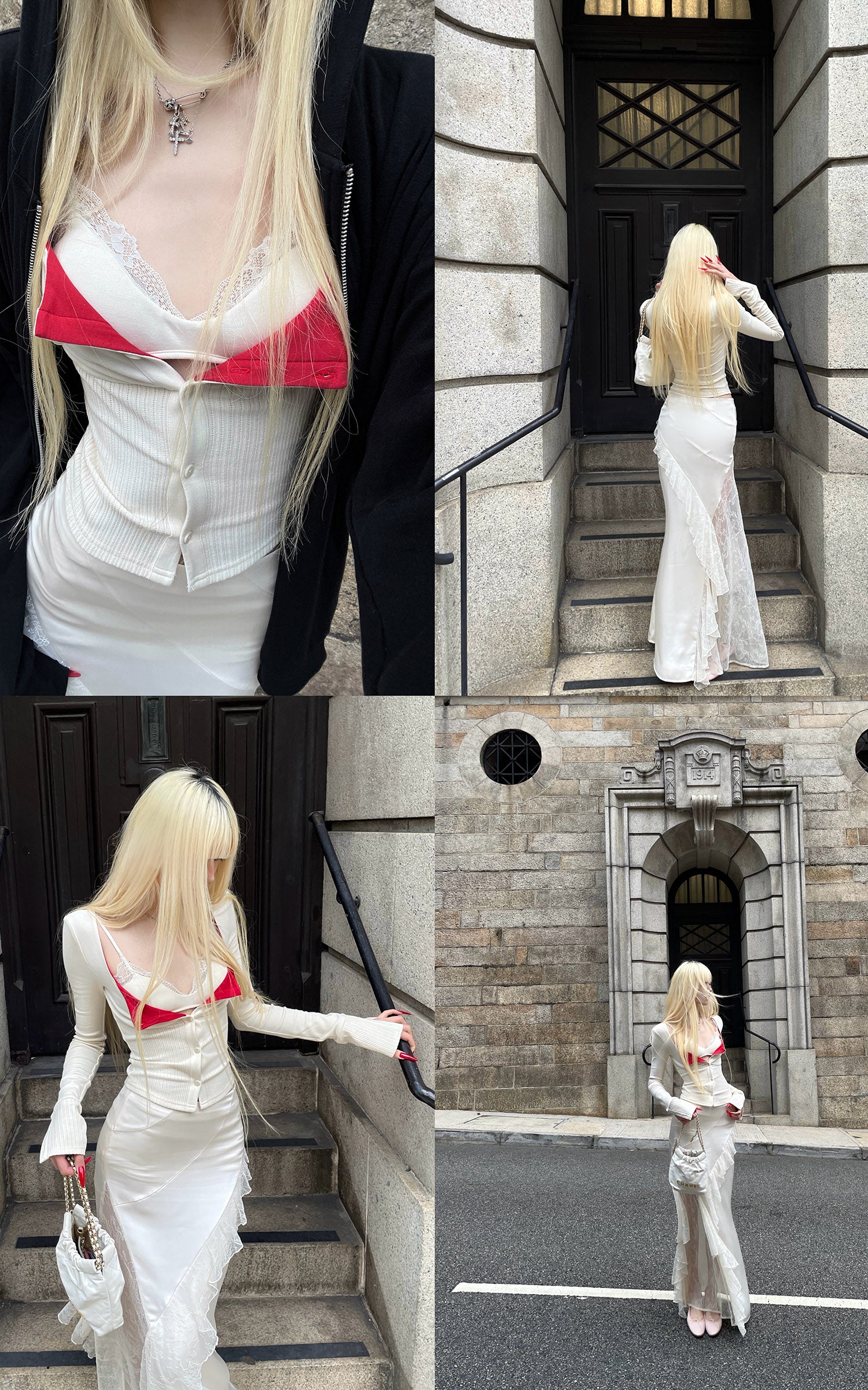 Rase Le Sol 니트 가디건 &amp; 캐미 탑 투피스 세트와 비대칭 레이스 미디 스커트