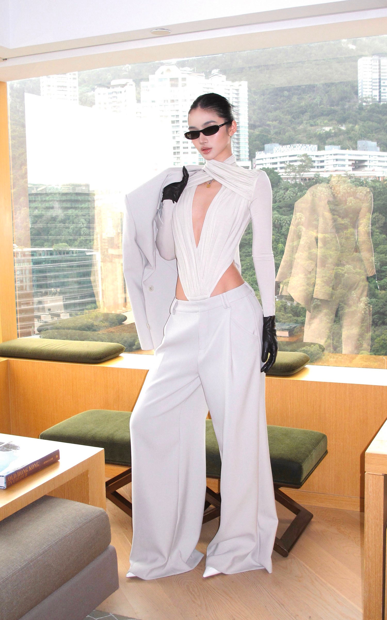 ROVENTE Draped Cross-Neck Deep V Bodysuit