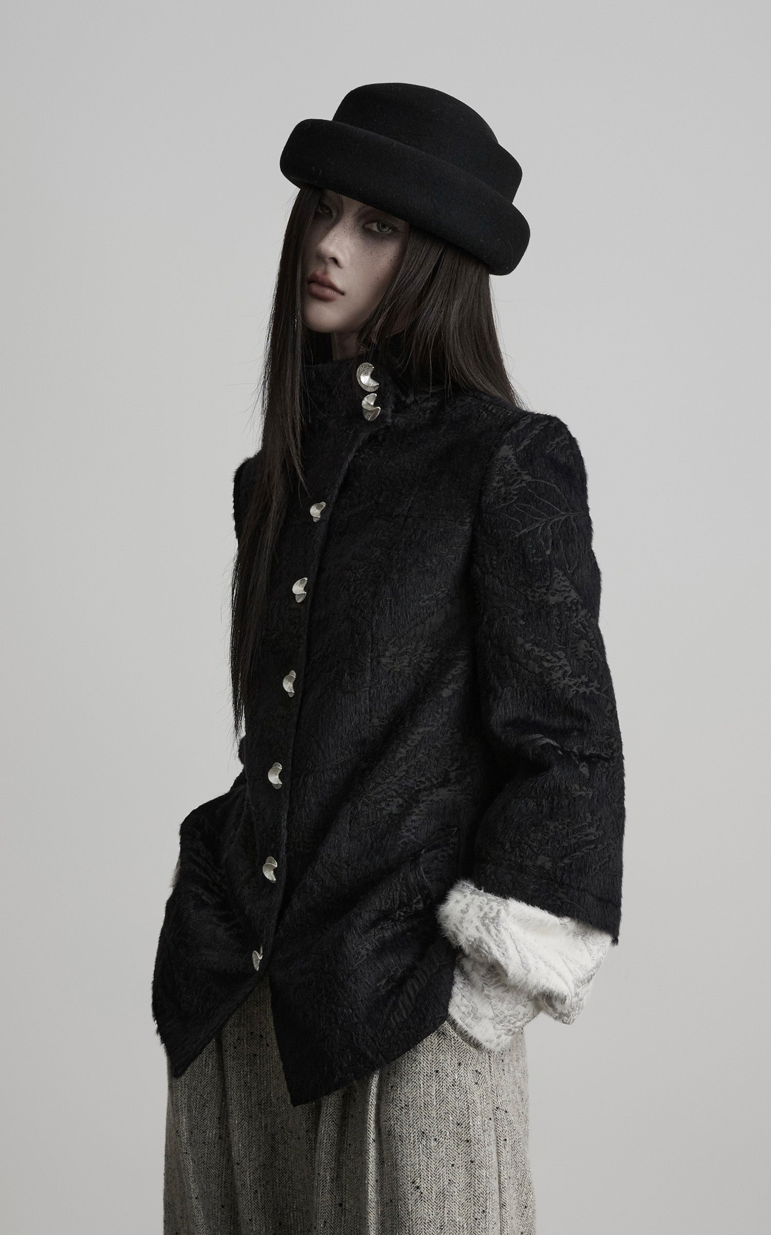 DOINDULGE High-Neck Textured Jacket with Crescent Button Detail