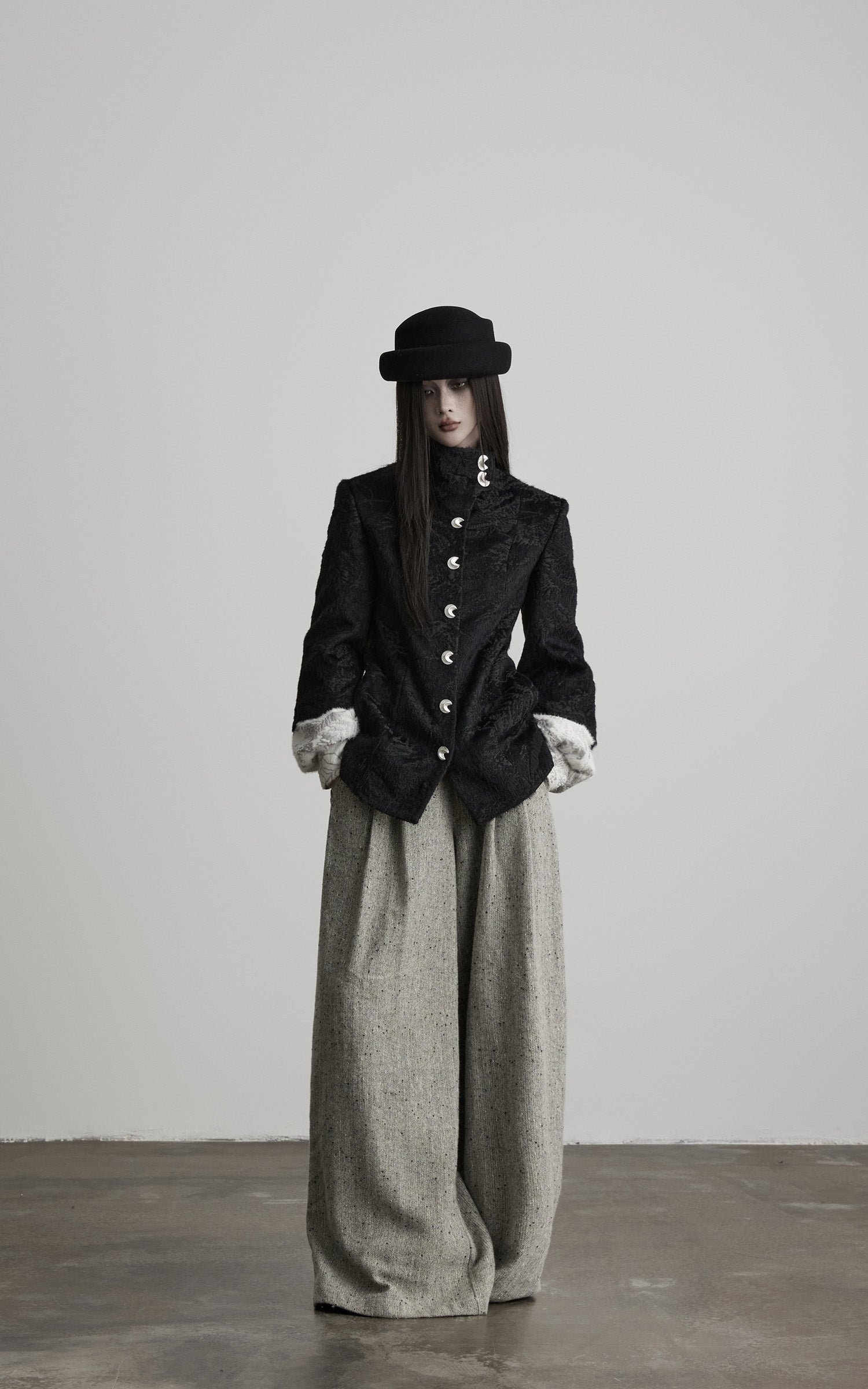 DOINDULGE High-Neck Textured Jacket with Crescent Button Detail