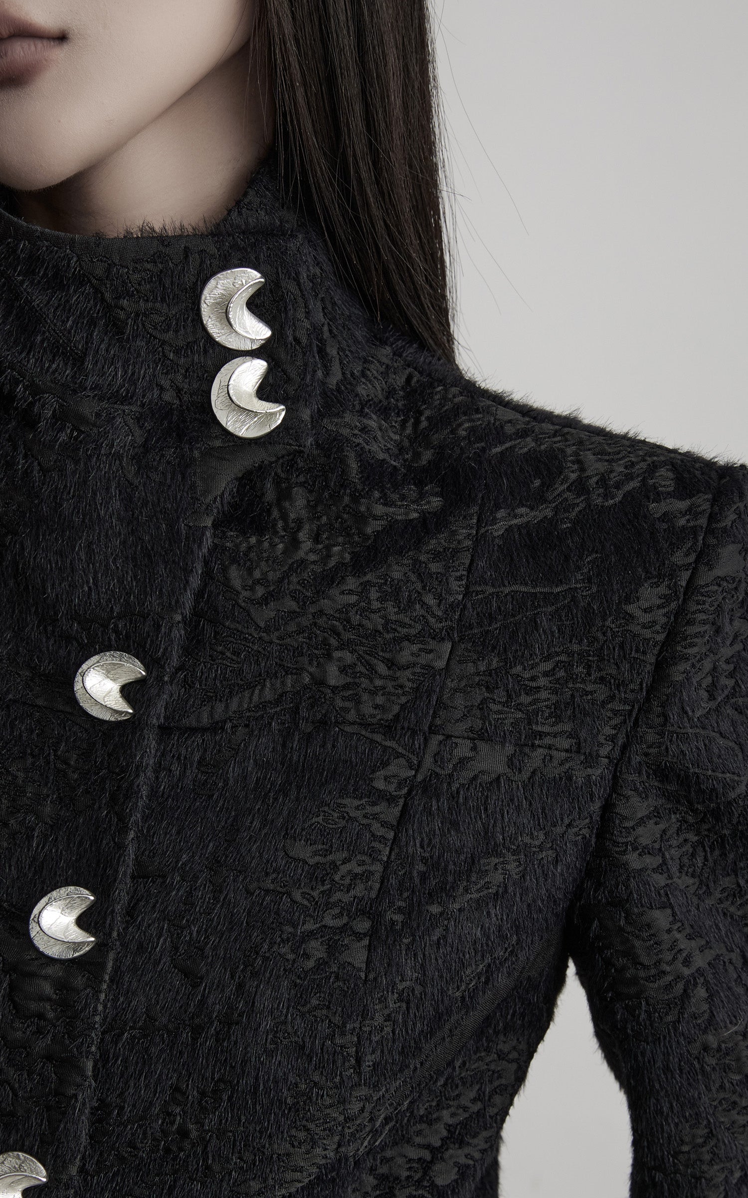 DOINDULGE High-Neck Textured Jacket with Crescent Button Detail