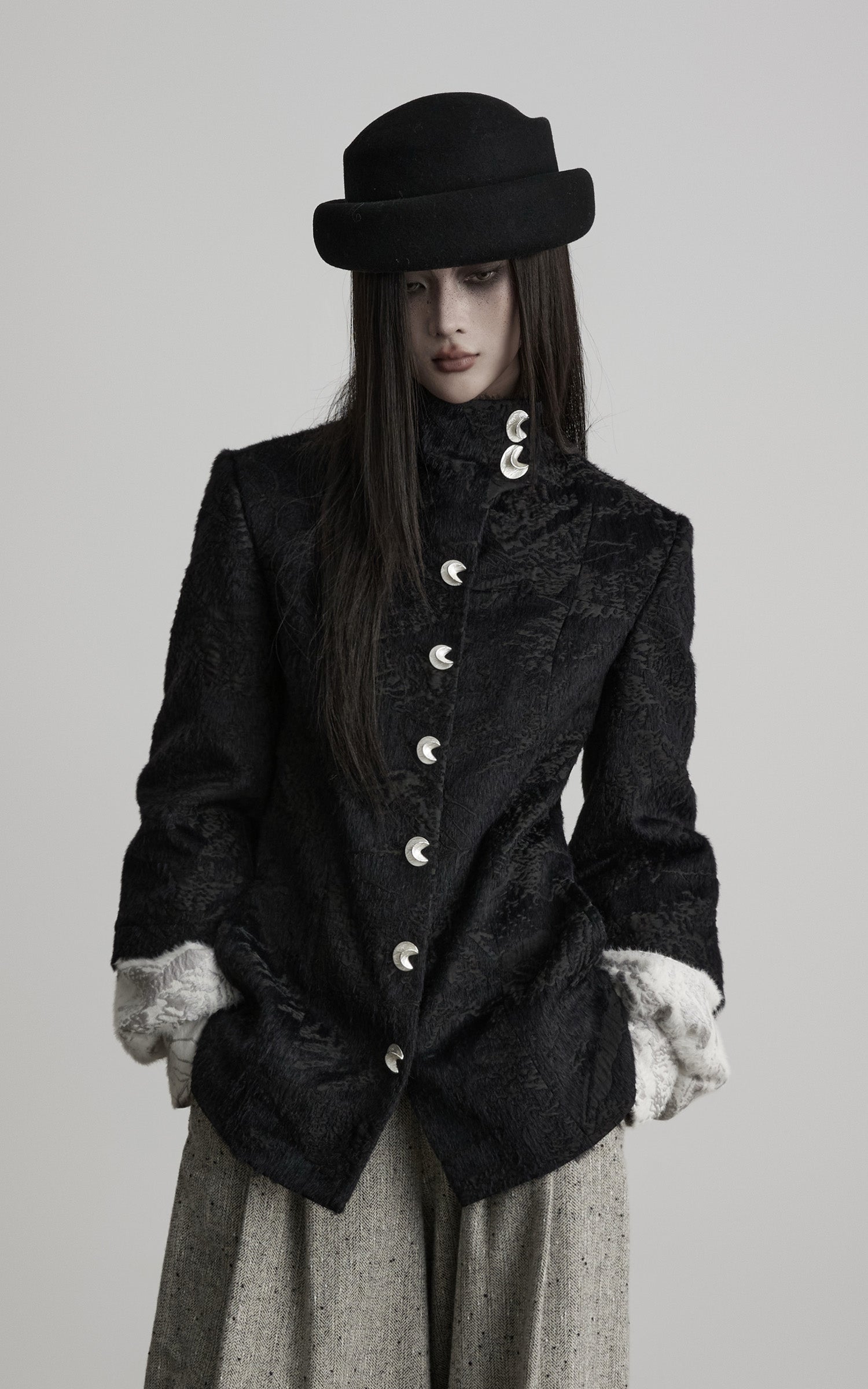 DOINDULGE High-Neck Textured Jacket with Crescent Button Detail