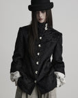 DOINDULGE High-Neck Textured Jacket with Crescent Button Detail