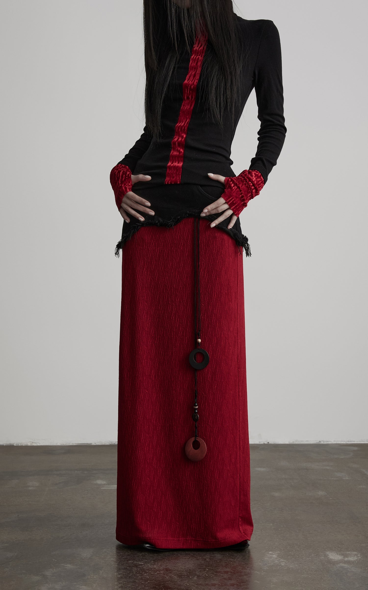 DOINDULGE Asymmetric Textured Panel Maxi Skirt with Fringe Detail
