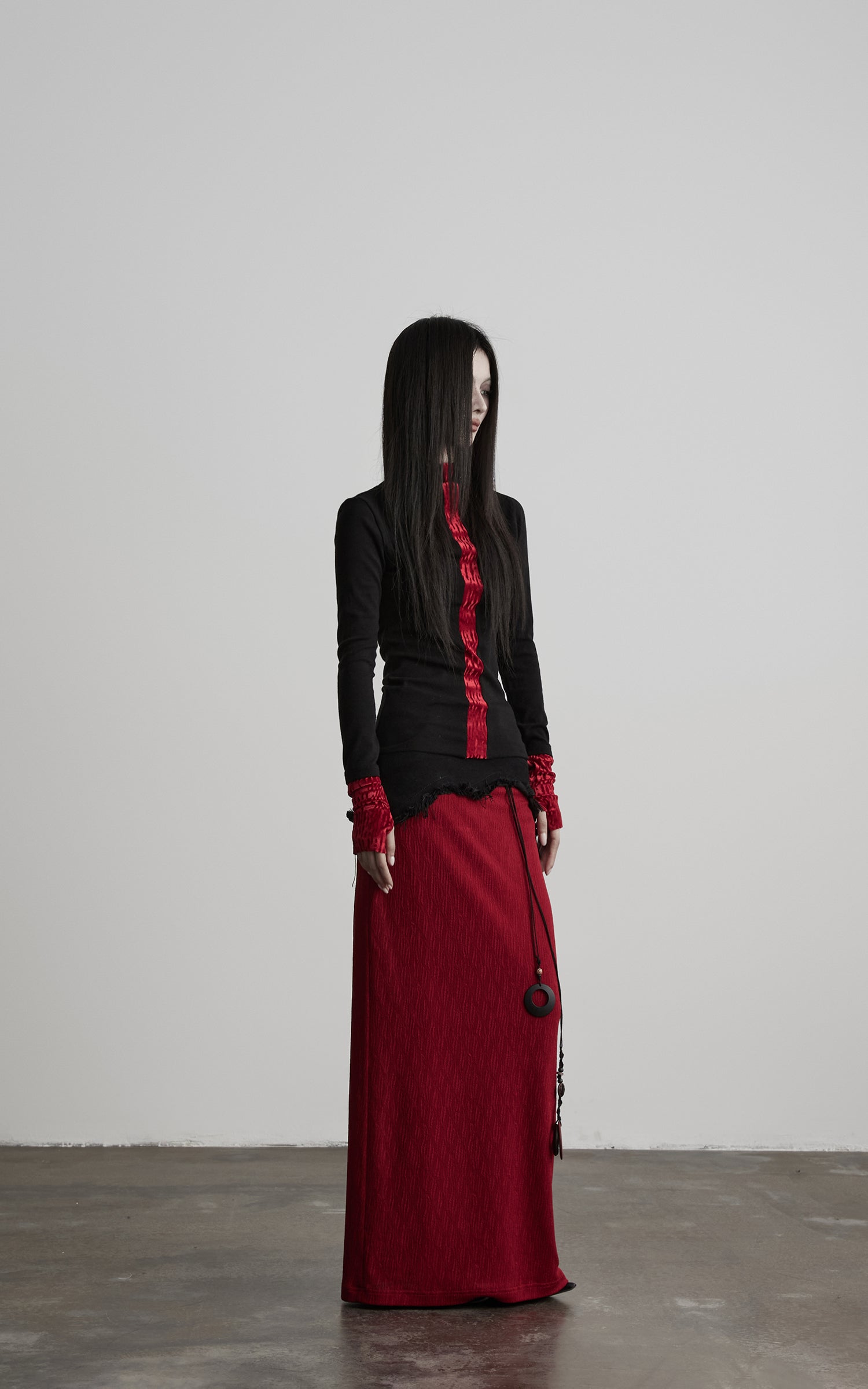 DOINDULGE Asymmetric Textured Panel Maxi Skirt with Fringe Detail