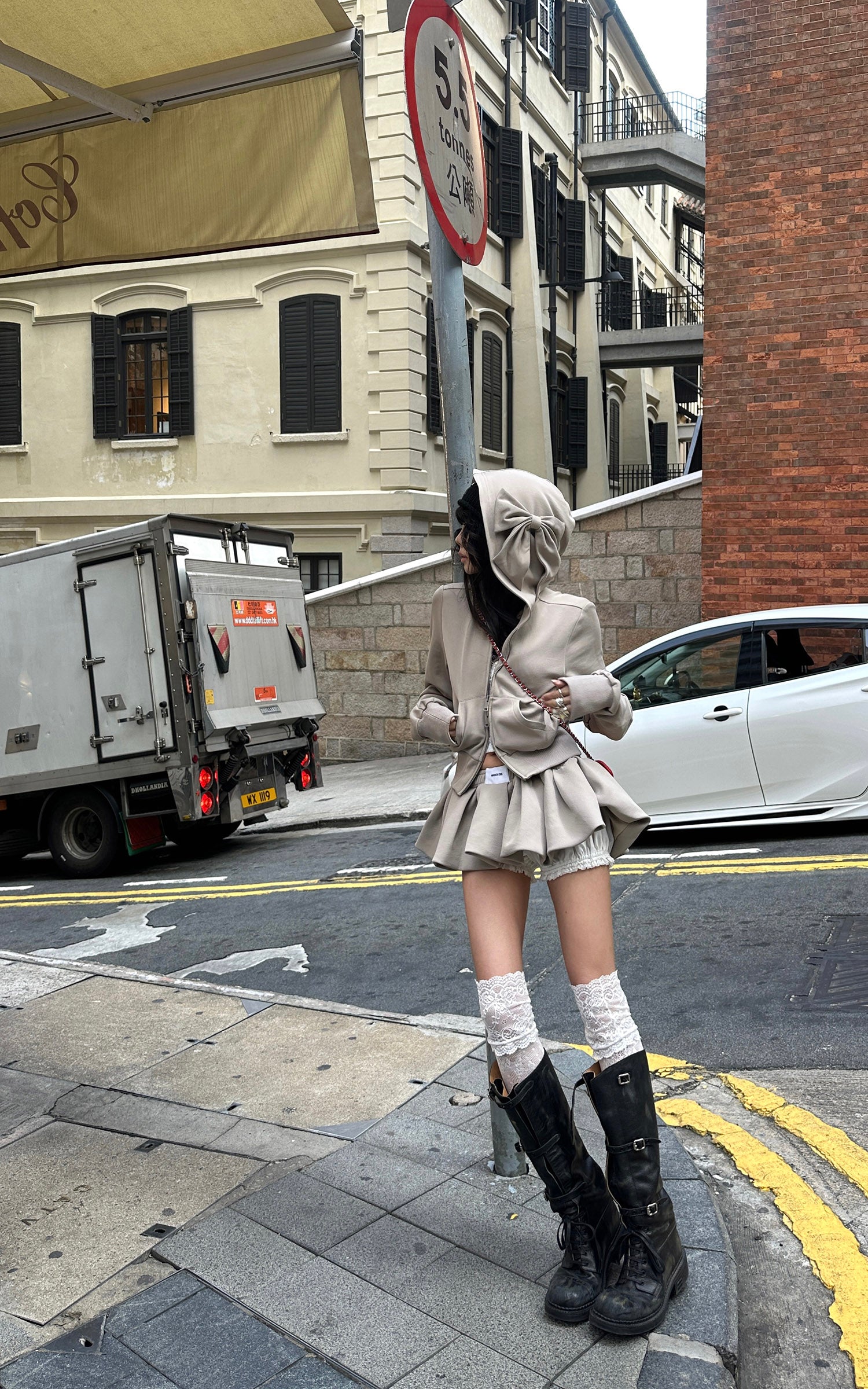 WARDEN EDGE Bow Hood Cropped Zip Hoodie & Pleated Mini Skirt Set