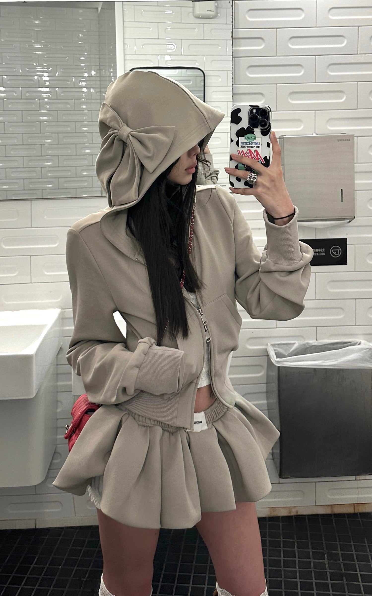 WARDEN EDGE Bow Hood Cropped Zip Hoodie & Pleated Mini Skirt Set