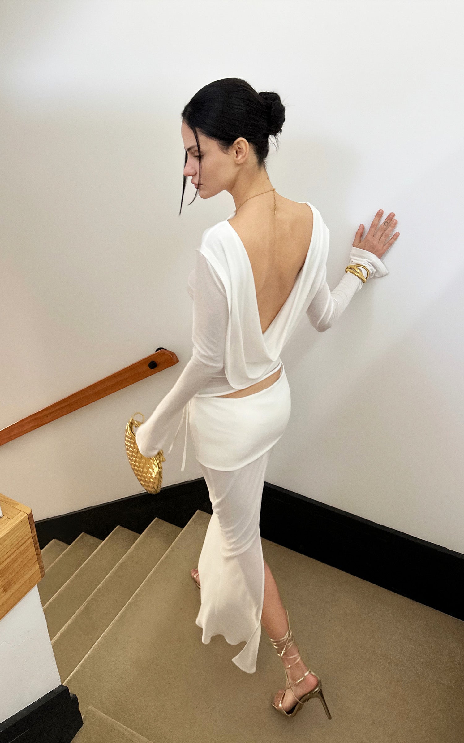 0122stepll Draped Open Back Long Sleeve Top