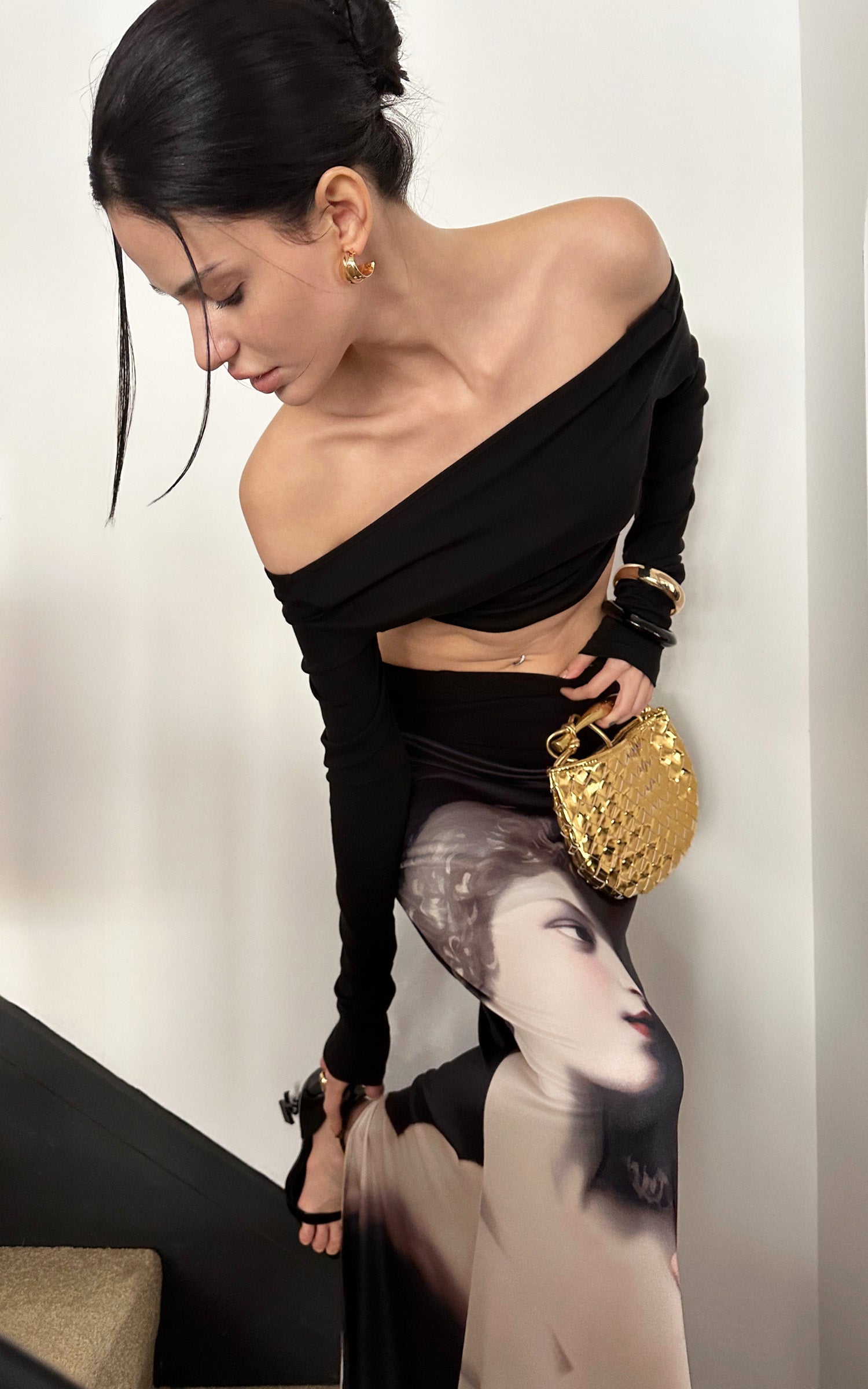 0122stepll Renaissance Portrait Print Draped Maxi Skirt