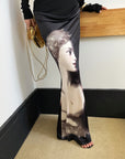 0122stepll Renaissance Portrait Print Draped Maxi Skirt