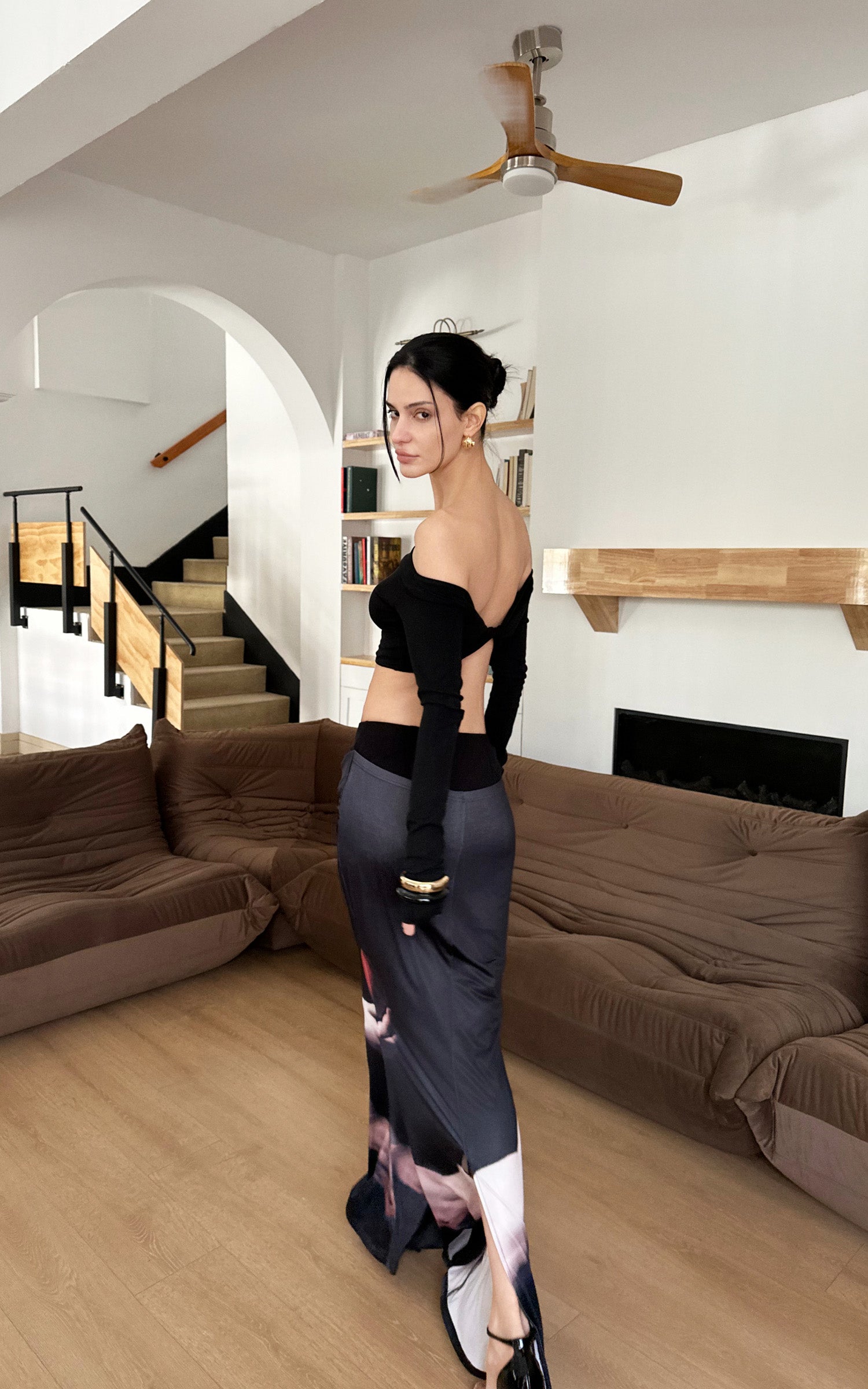 0122stepll Renaissance Portrait Print Draped Maxi Skirt