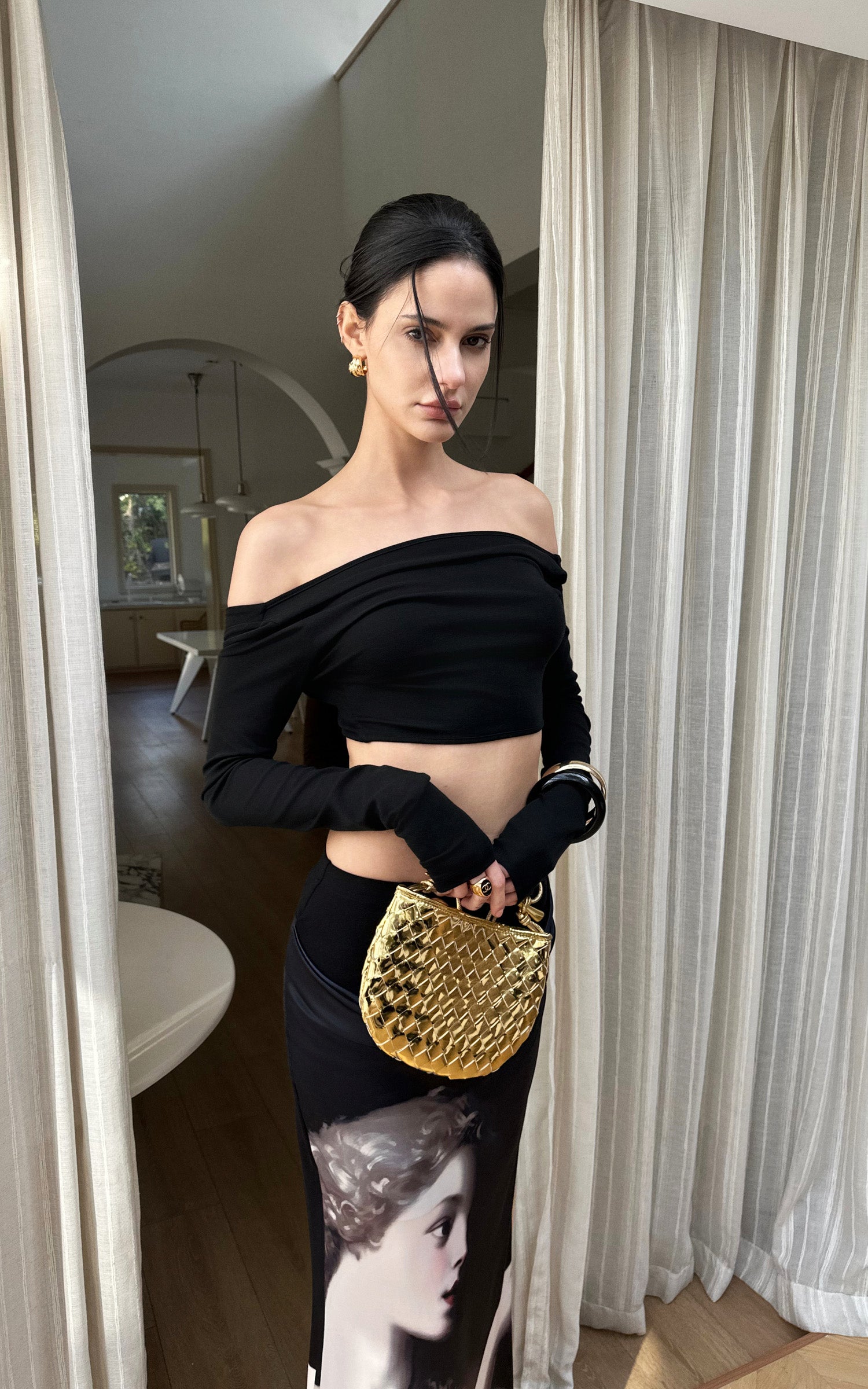 0122stepll Renaissance Portrait Print Draped Maxi Skirt