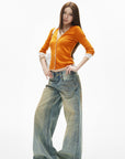 IAMXIAA Jean large taille basse à effet vintage