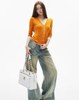 IAMXIAA Jean large taille basse à effet vintage
