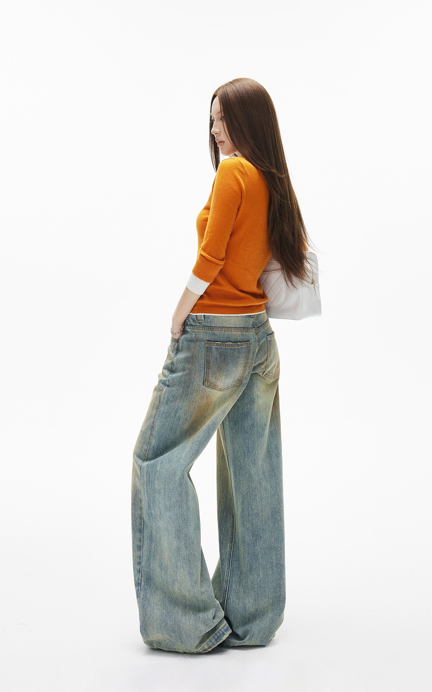 IAMXIAA Jean large taille basse à effet vintage
