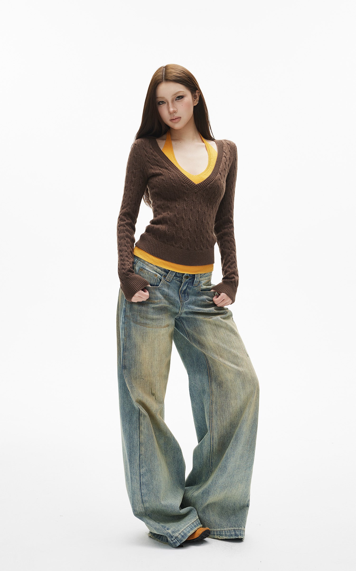 IAMXIAA Jean large taille basse à effet vintage
