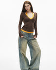 IAMXIAA Jean large taille basse à effet vintage