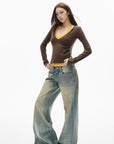 IAMXIAA Jean large taille basse à effet vintage