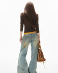 IAMXIAA Jean large taille basse à effet vintage