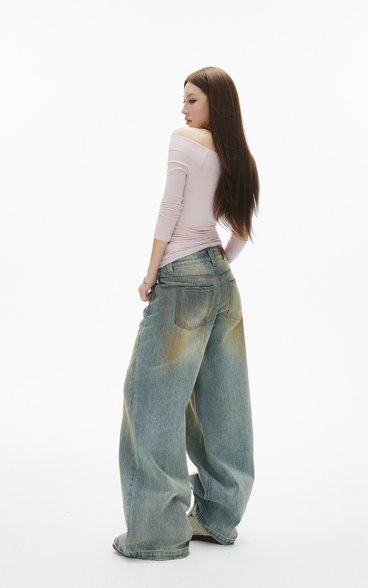 IAMXIAA Jean large taille basse à effet vintage