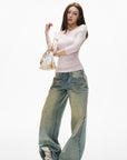 IAMXIAA Jean large taille basse à effet vintage
