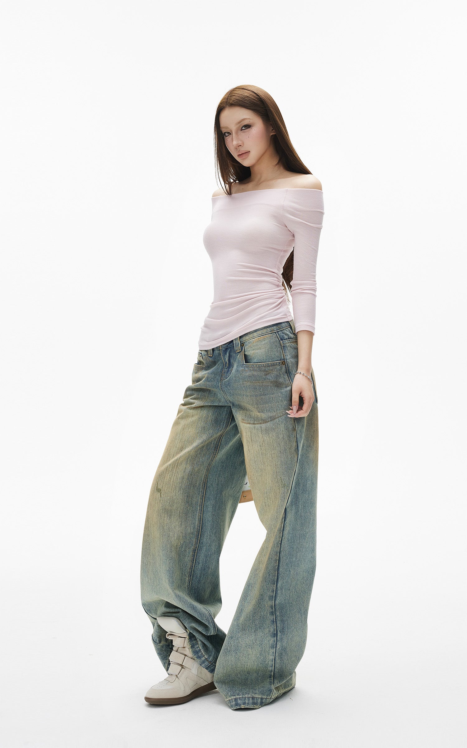 IAMXIAA Jean large taille basse à effet vintage