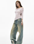 IAMXIAA Jean large taille basse à effet vintage