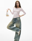 IAMXIAA Jean large taille basse à effet vintage