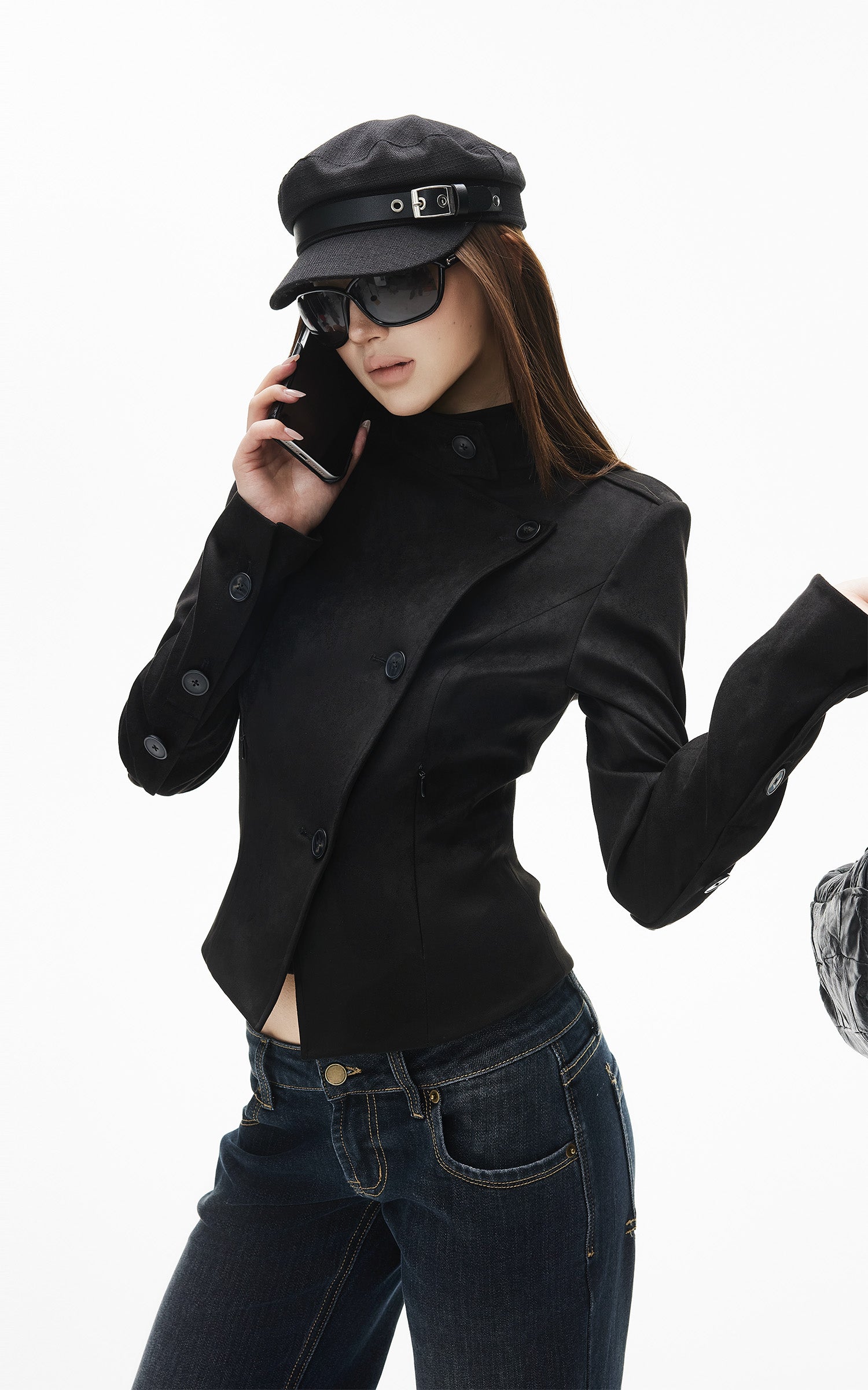 IAMXIAA Veste ajustée en similicuir de vachette à col montant