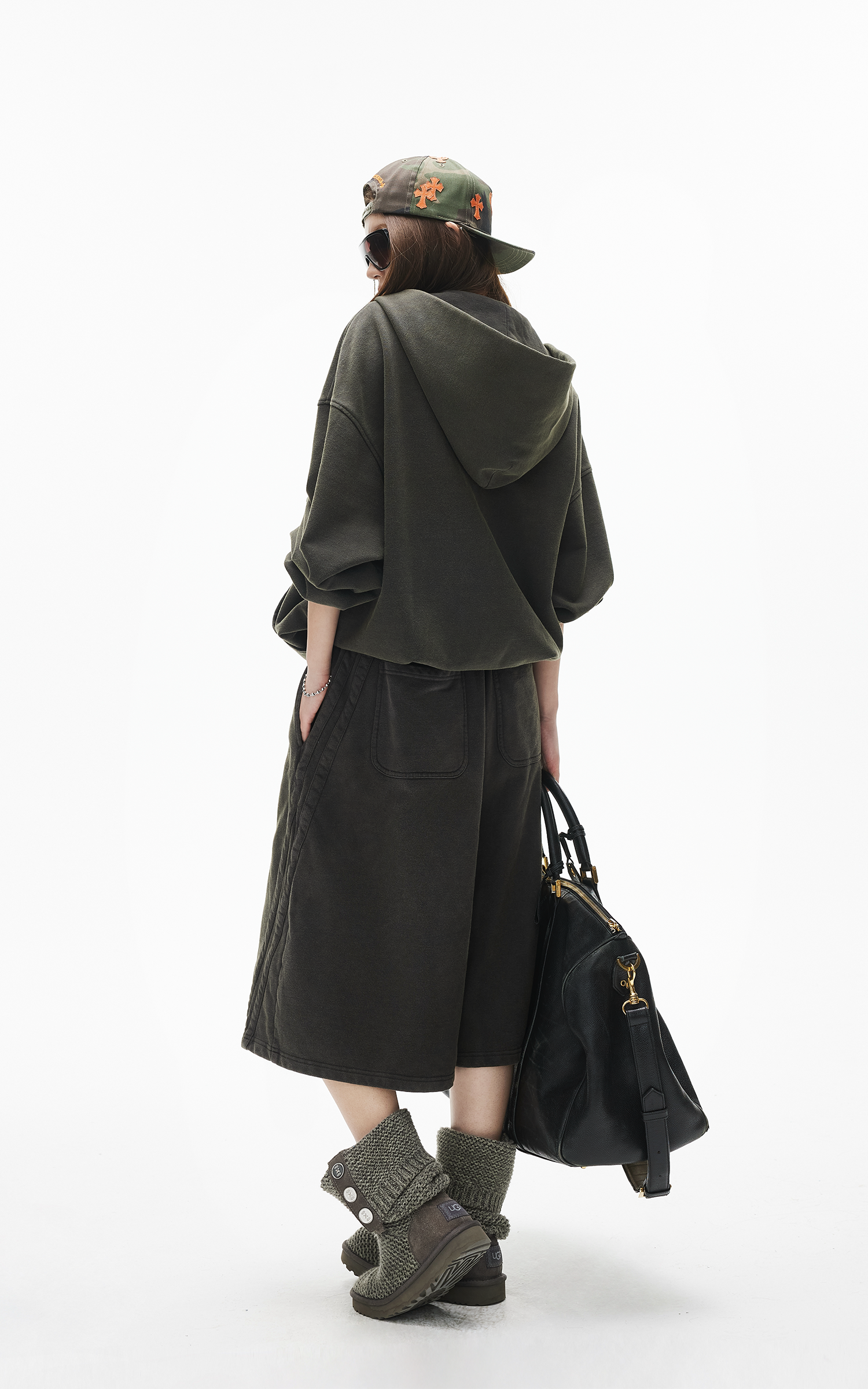 IAMXIAA 빈티지 워시 집업 후디 &amp; 크롭트 스웨트팬츠 세트