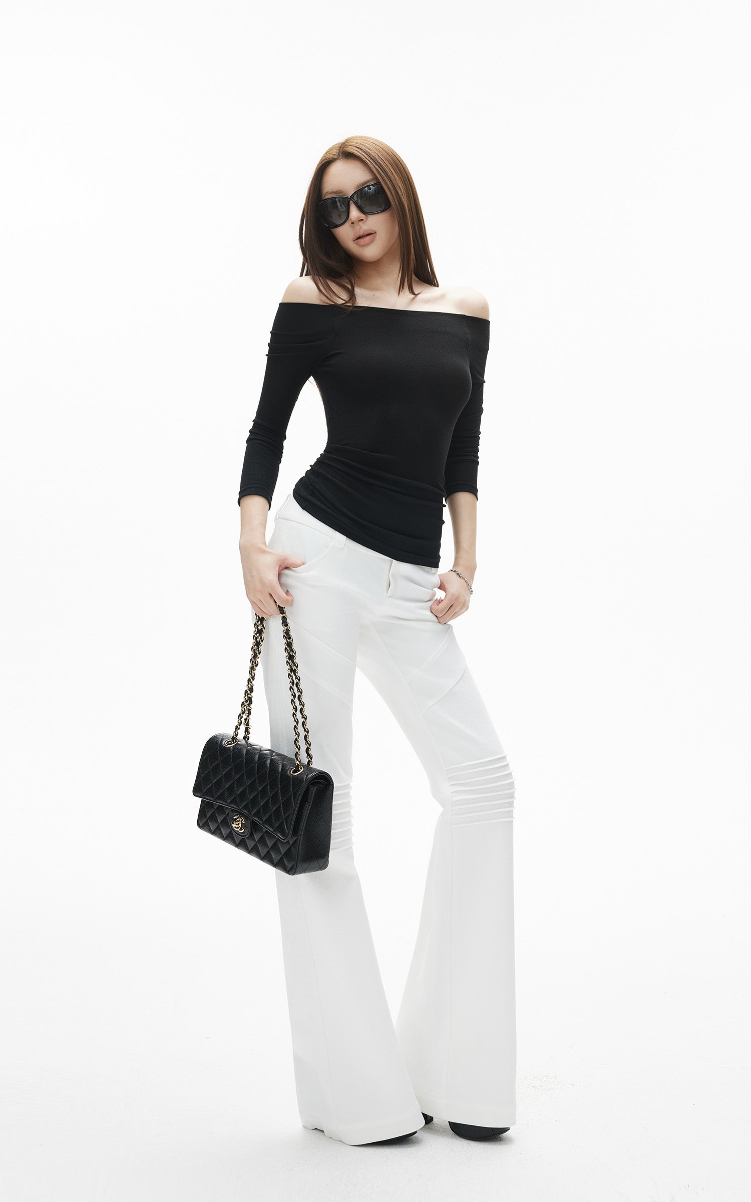 IAMXIAA オフショルダー フィットニット ロングスリーブ トップ