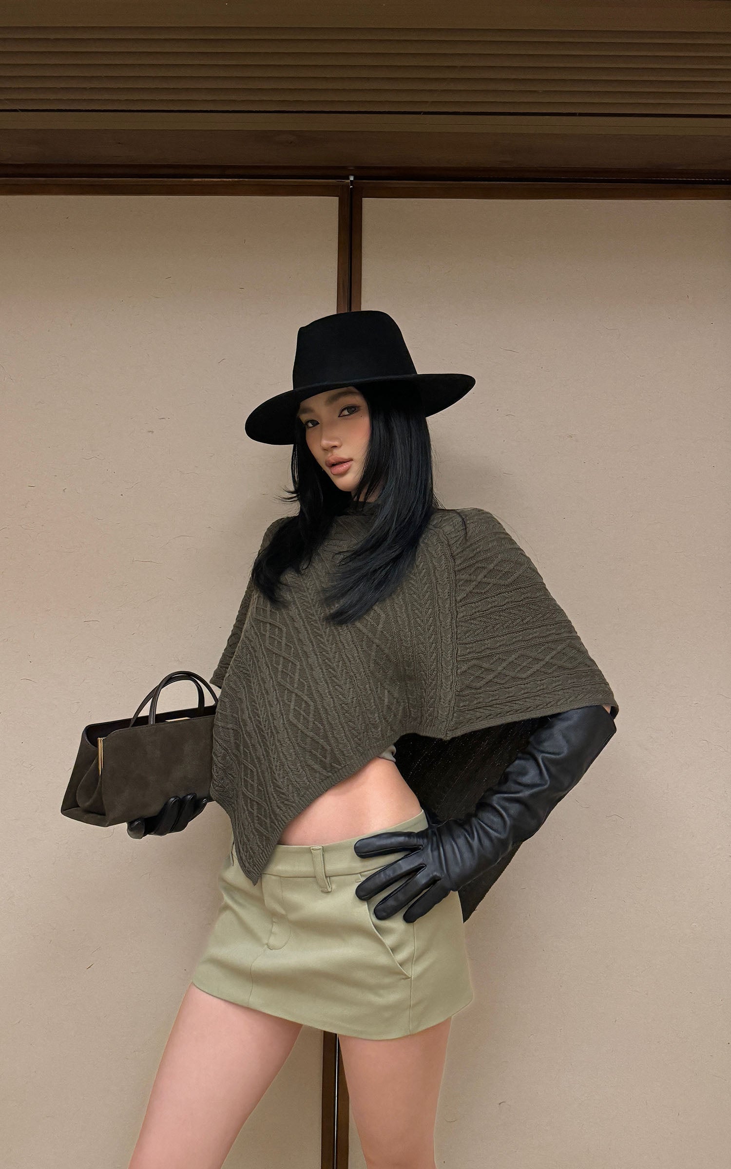 ROVENTE Textured Knit Poncho and Mini Skirt Set