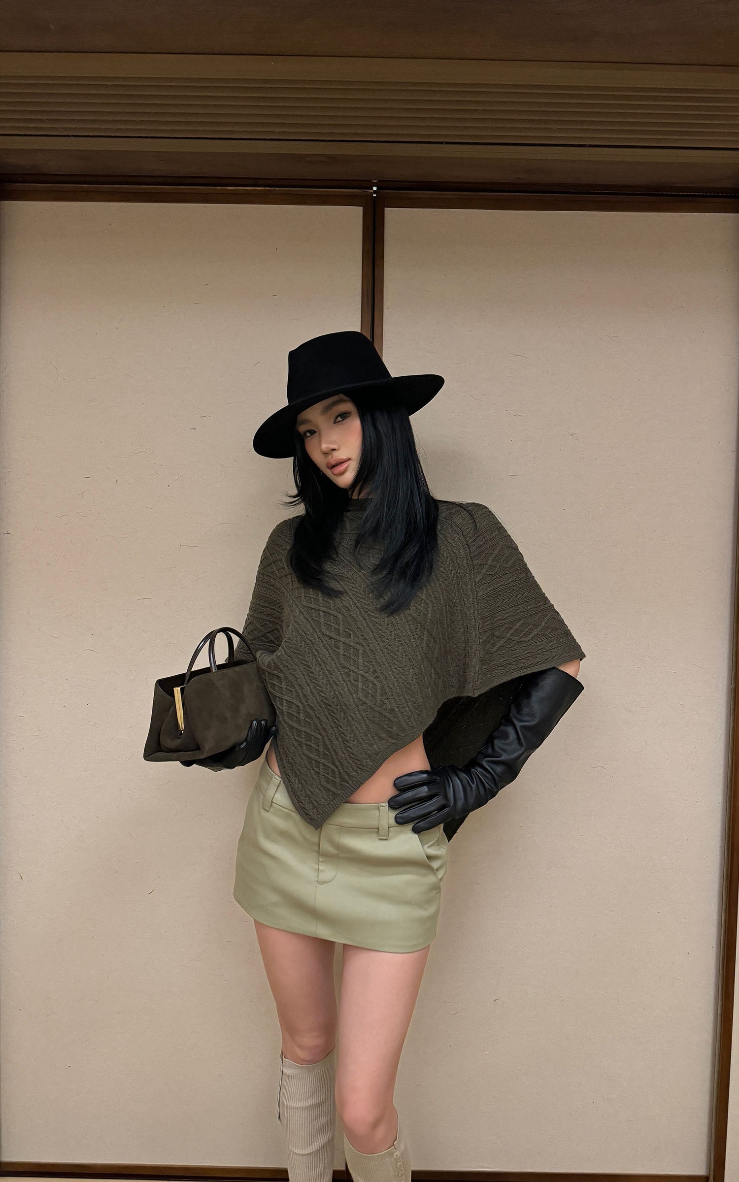 ROVENTE Textured Knit Poncho and Mini Skirt Set