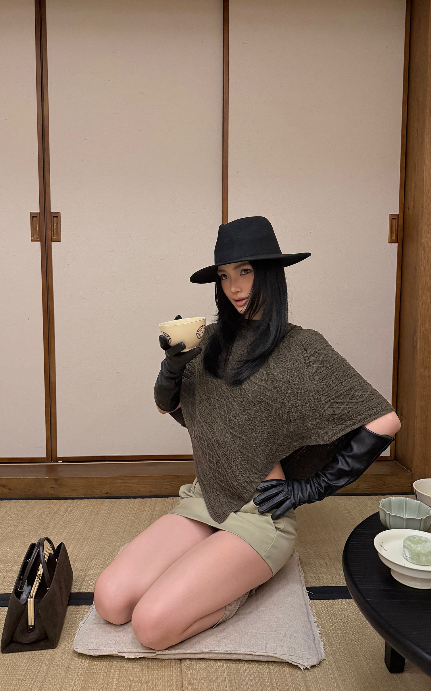 ROVENTE Textured Knit Poncho and Mini Skirt Set