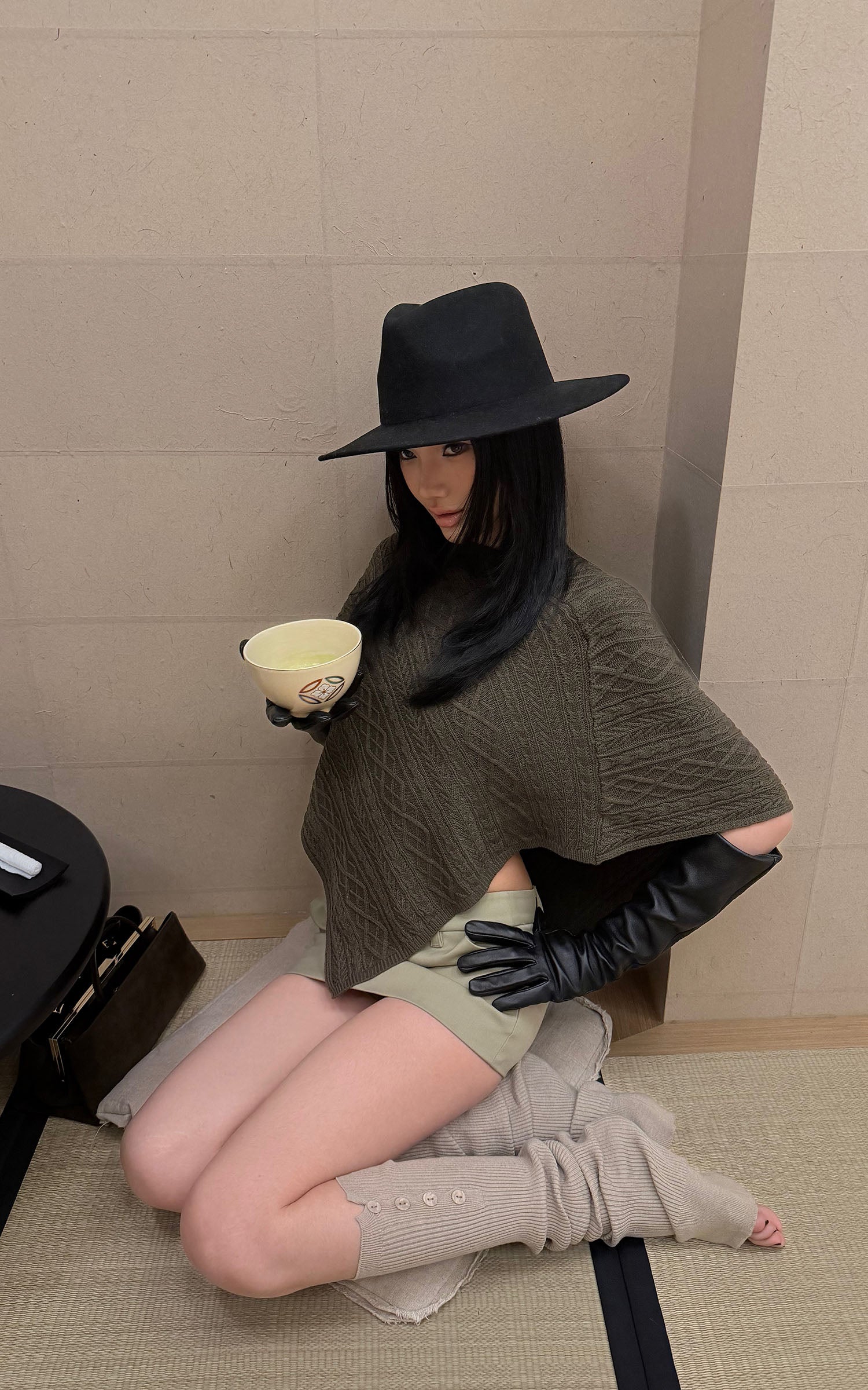 ROVENTE Textured Knit Poncho and Mini Skirt Set