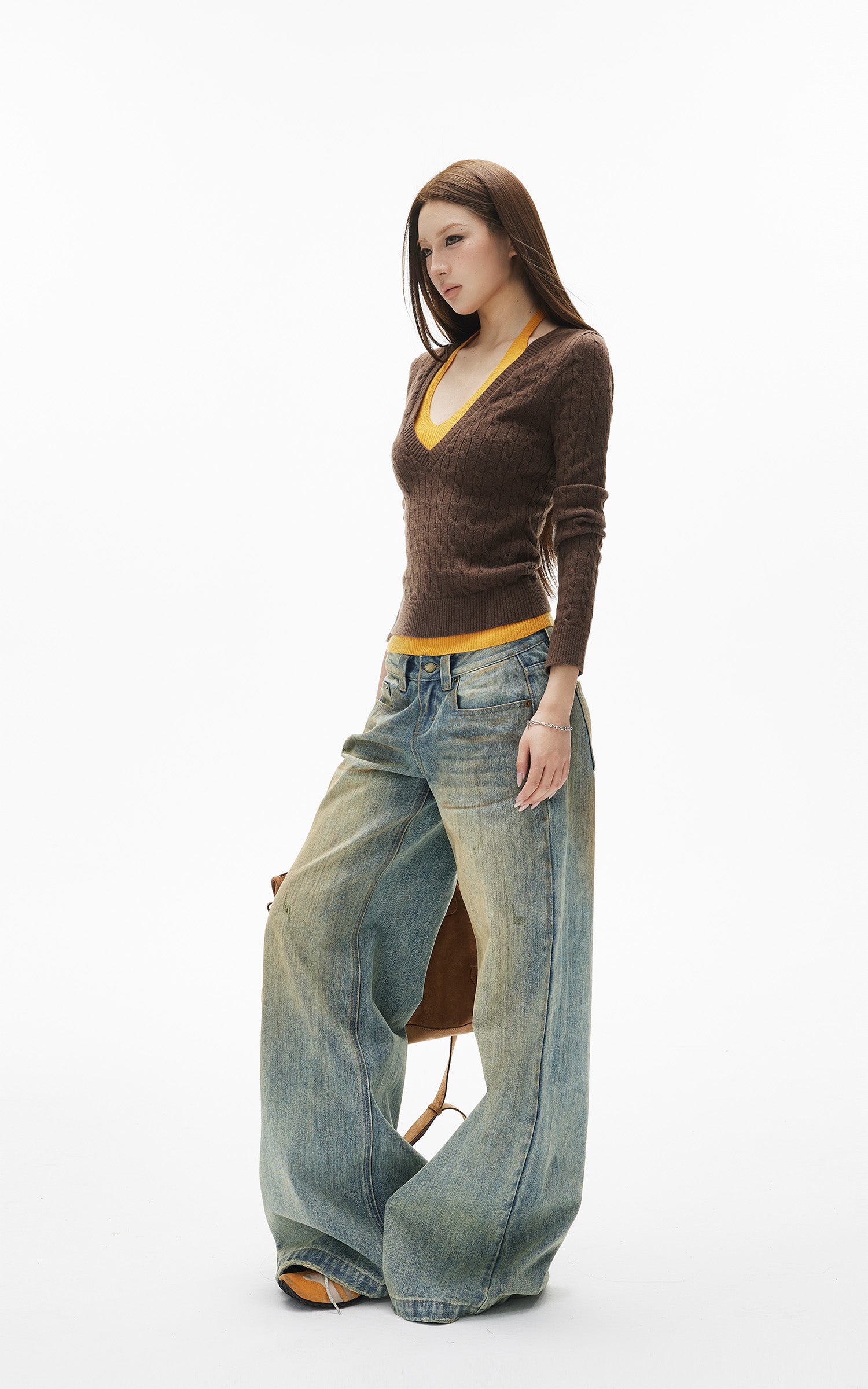 IAMXIAA Jean large taille basse à effet vintage