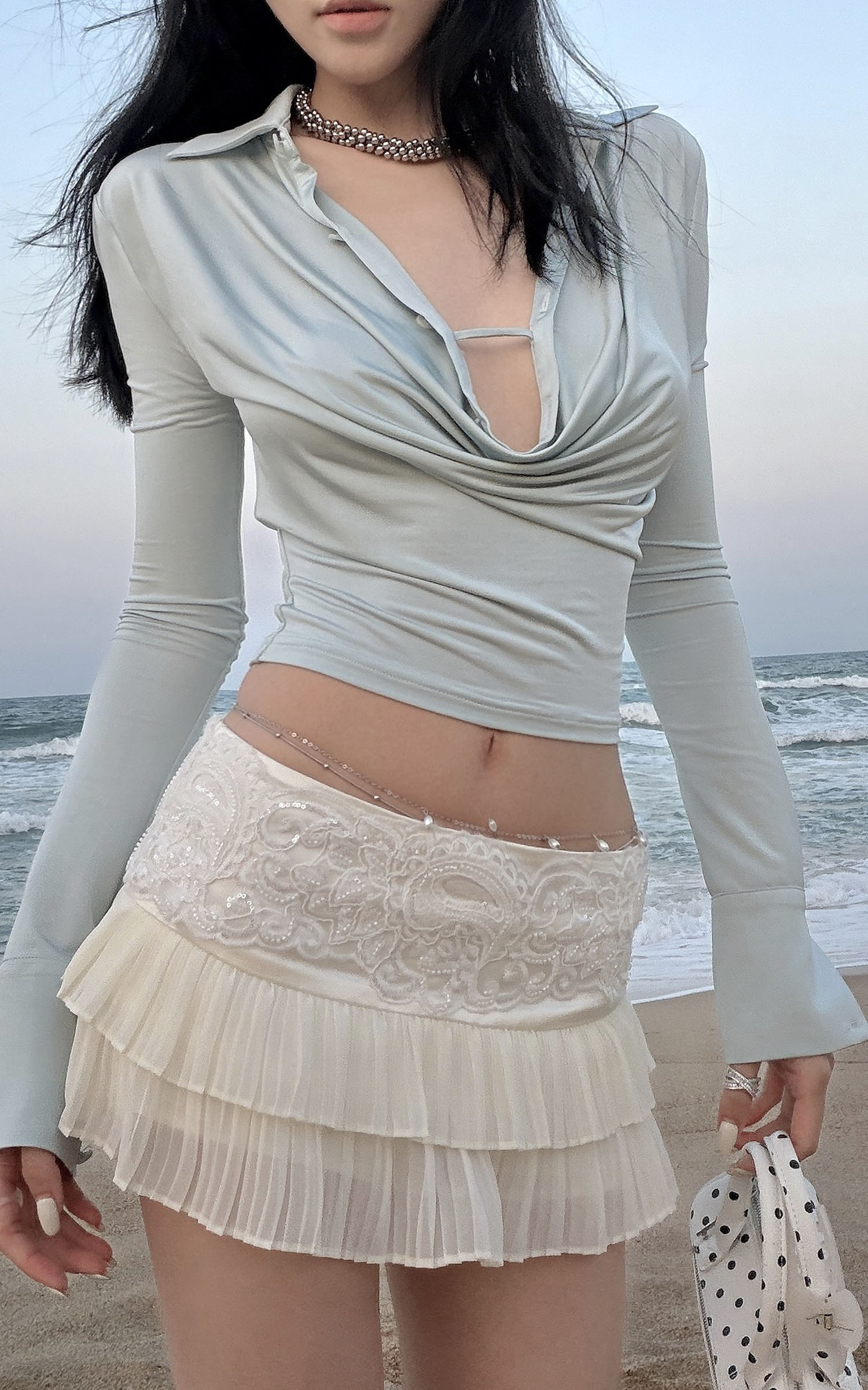 Hydrae ラッフルカウルネック長袖トップス スリムフィットドレープシャツ