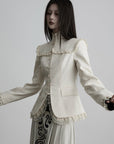 DOINDULGE Lace-Trim High-Neck Fitted Jacket
