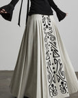 DOINDULGE Embroidered Panel Pleated Maxi Skirt