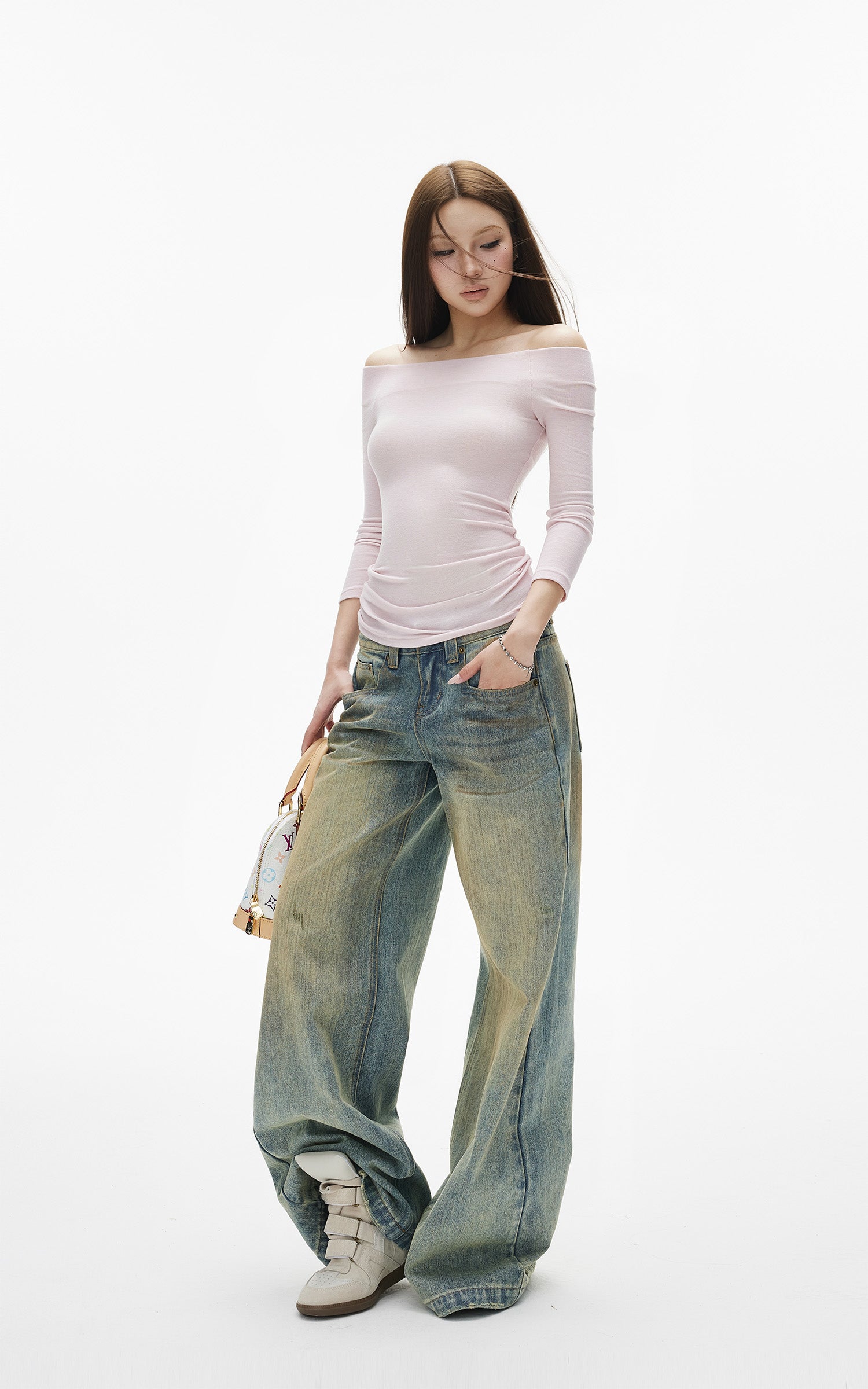 IAMXIAA Jean large taille basse à effet vintage