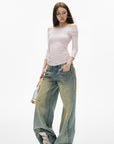 IAMXIAA Jean large taille basse à effet vintage