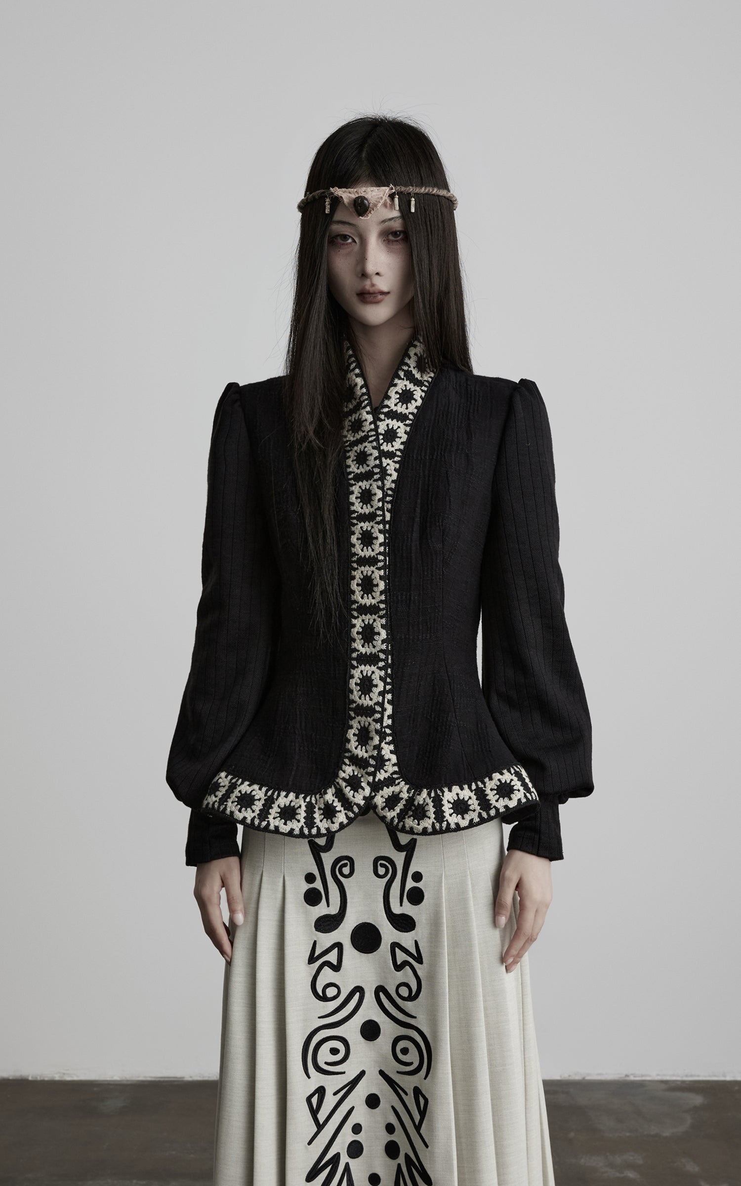 DOINDULGE Embroidered-Trim Fitted High-Neck Jacket