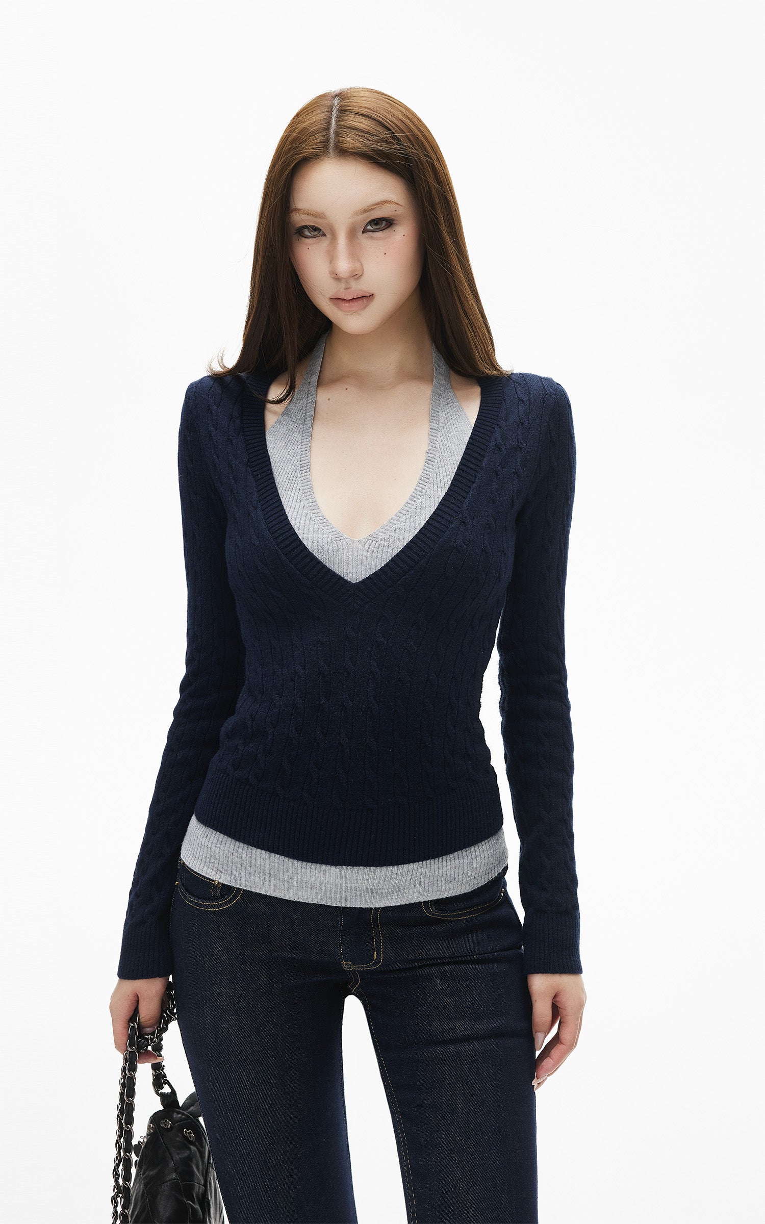 IAMXIAA Pull en maille ajusté à col en V superposé et dos nu